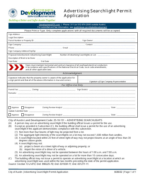 Advertising Searchlight Permit Application - City of Austin, Texas Download Pdf