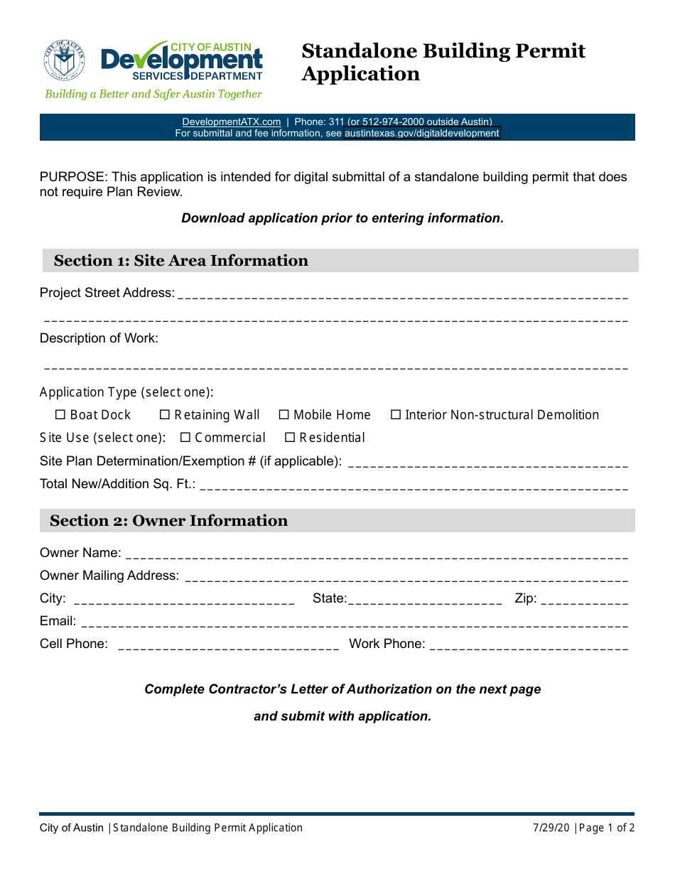 Standalone Building Permit Application - City of Austin, Texas, Page 1