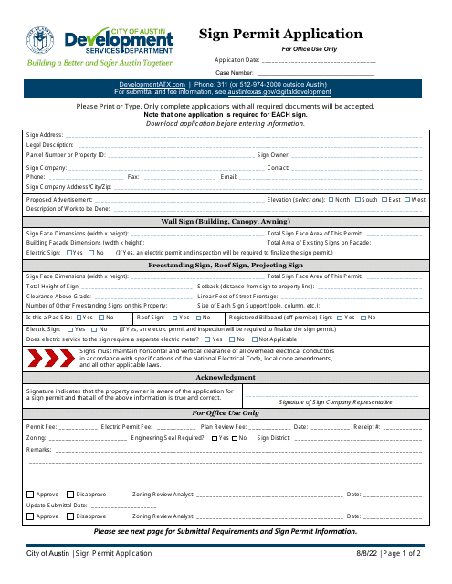 Sign Permit Application - City of Austin, Texas Download Pdf