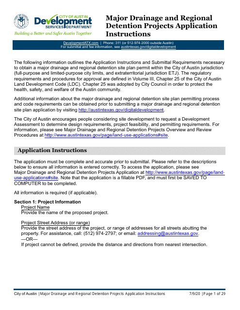 Instructions for Major Drainage and Regional Detention Projects Application - City of Austin, Texas Download Pdf