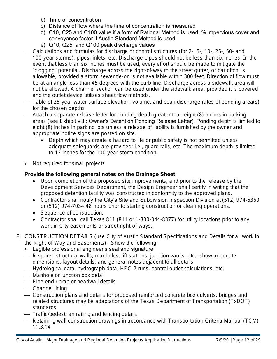 Instructions for Major Drainage and Regional Detention Projects Application - City of Austin, Texas, Page 12