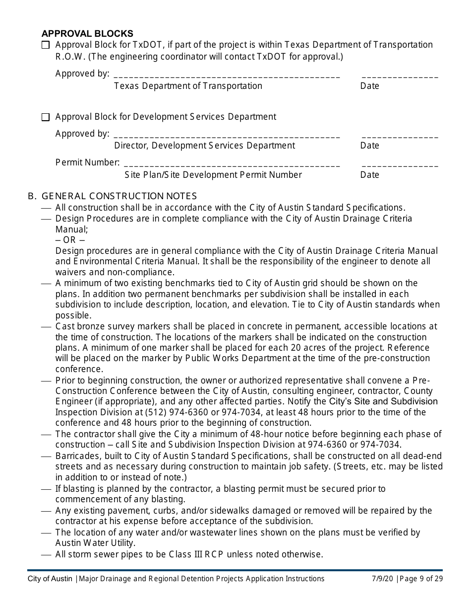 Instructions for Major Drainage and Regional Detention Projects Application - City of Austin, Texas, Page 9