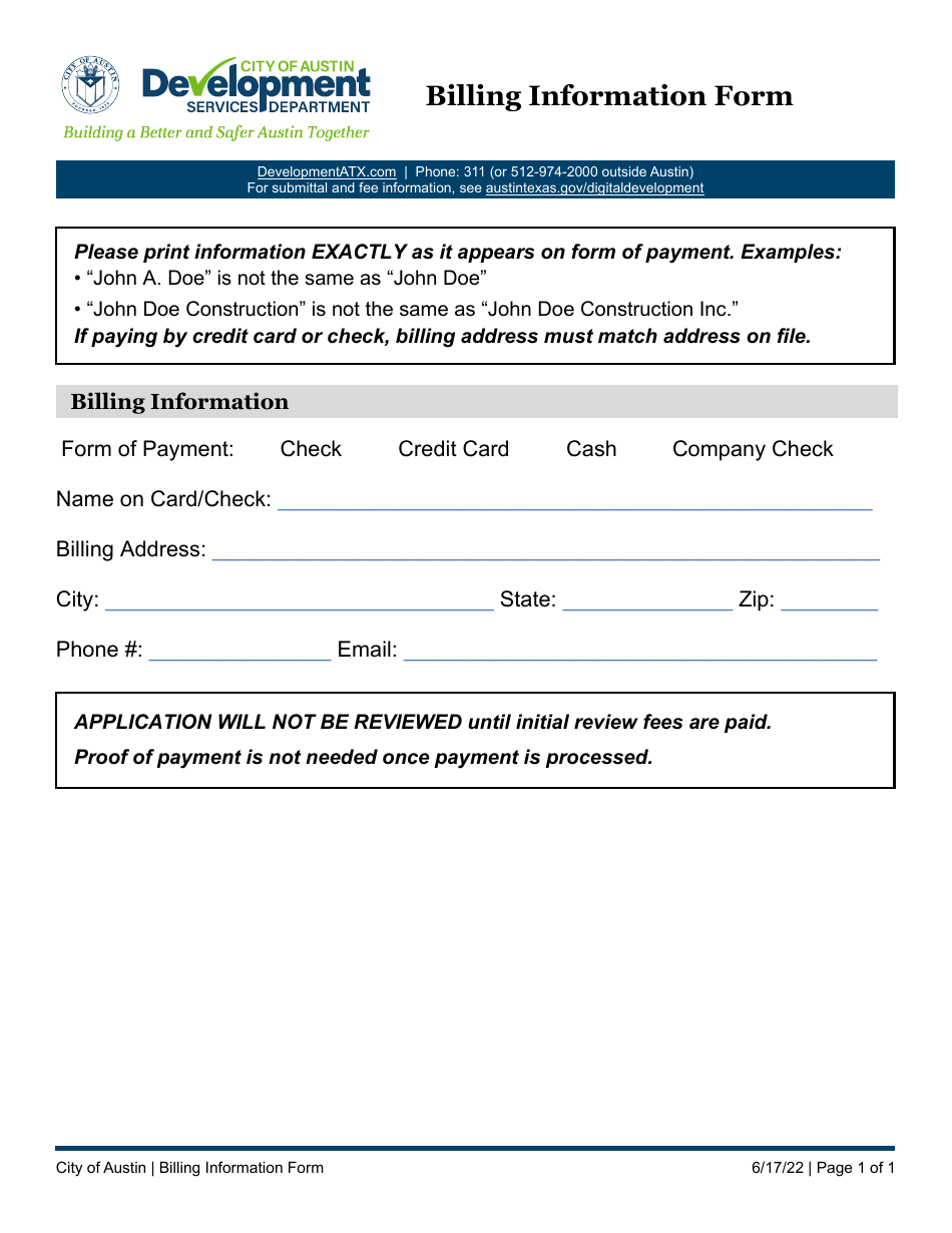 Billing Information Form - City of Austin, Texas, Page 1