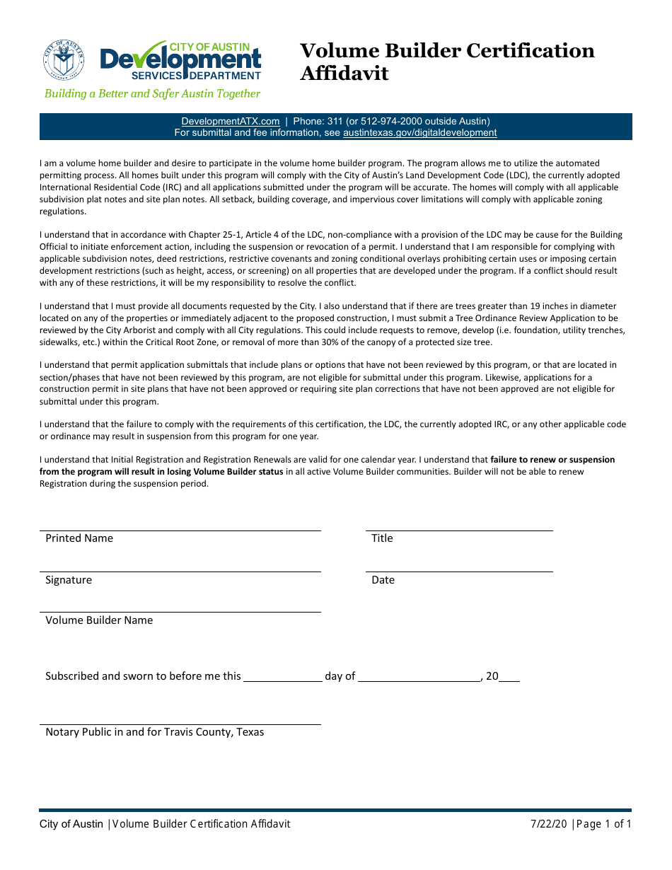 Volume Builder Certification Affidavit - City of Austin, Texas, Page 1