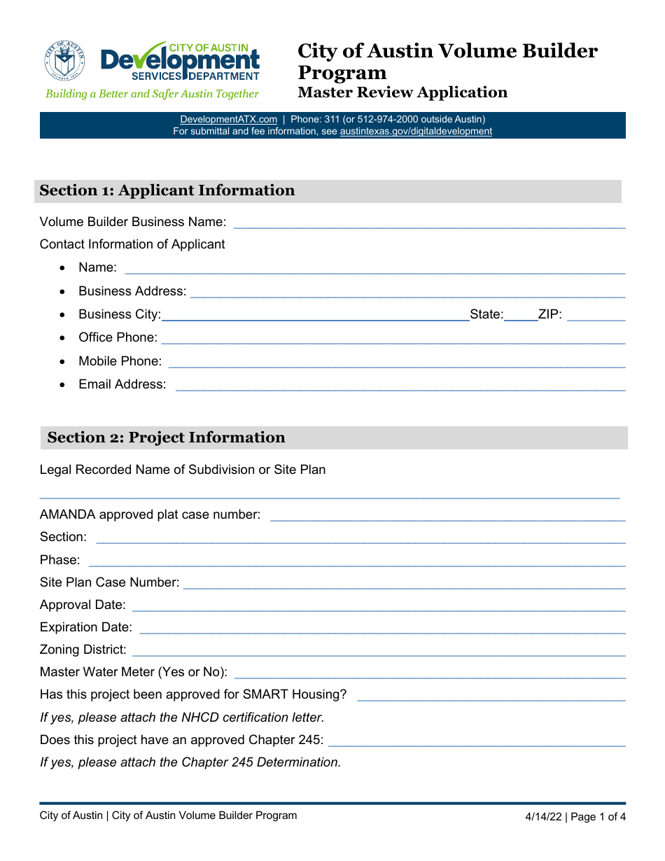 City of Austin, Texas Master Review Application - City of Austin Volume ...