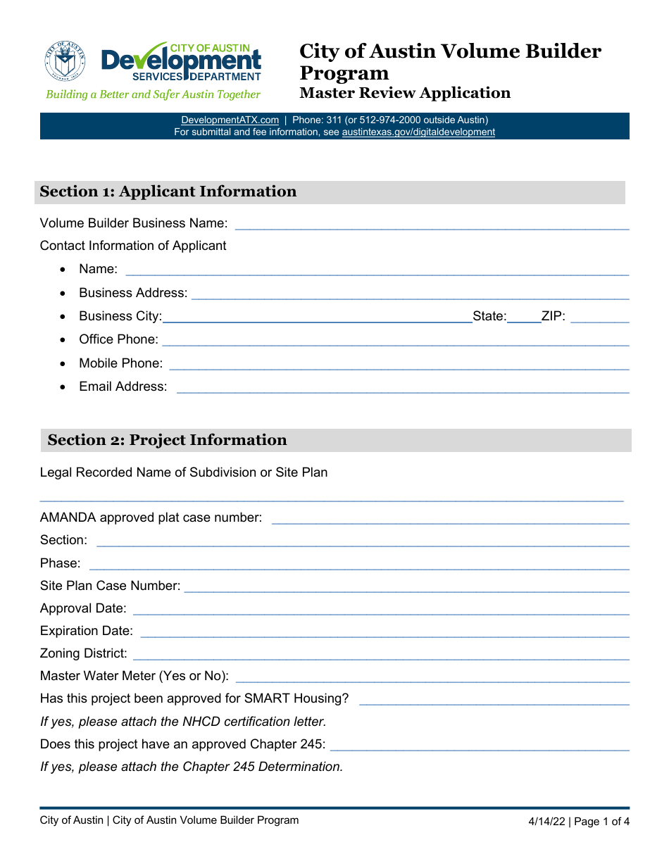 Master Review Application - City of Austin Volume Builder Program - City of Austin, Texas, Page 1