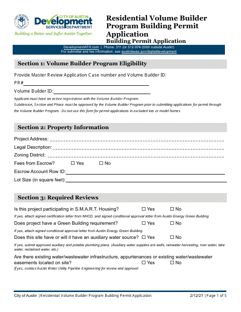 Building Permit Application - Residential Volume Builder Program - City of Austin, Texas Download Pdf