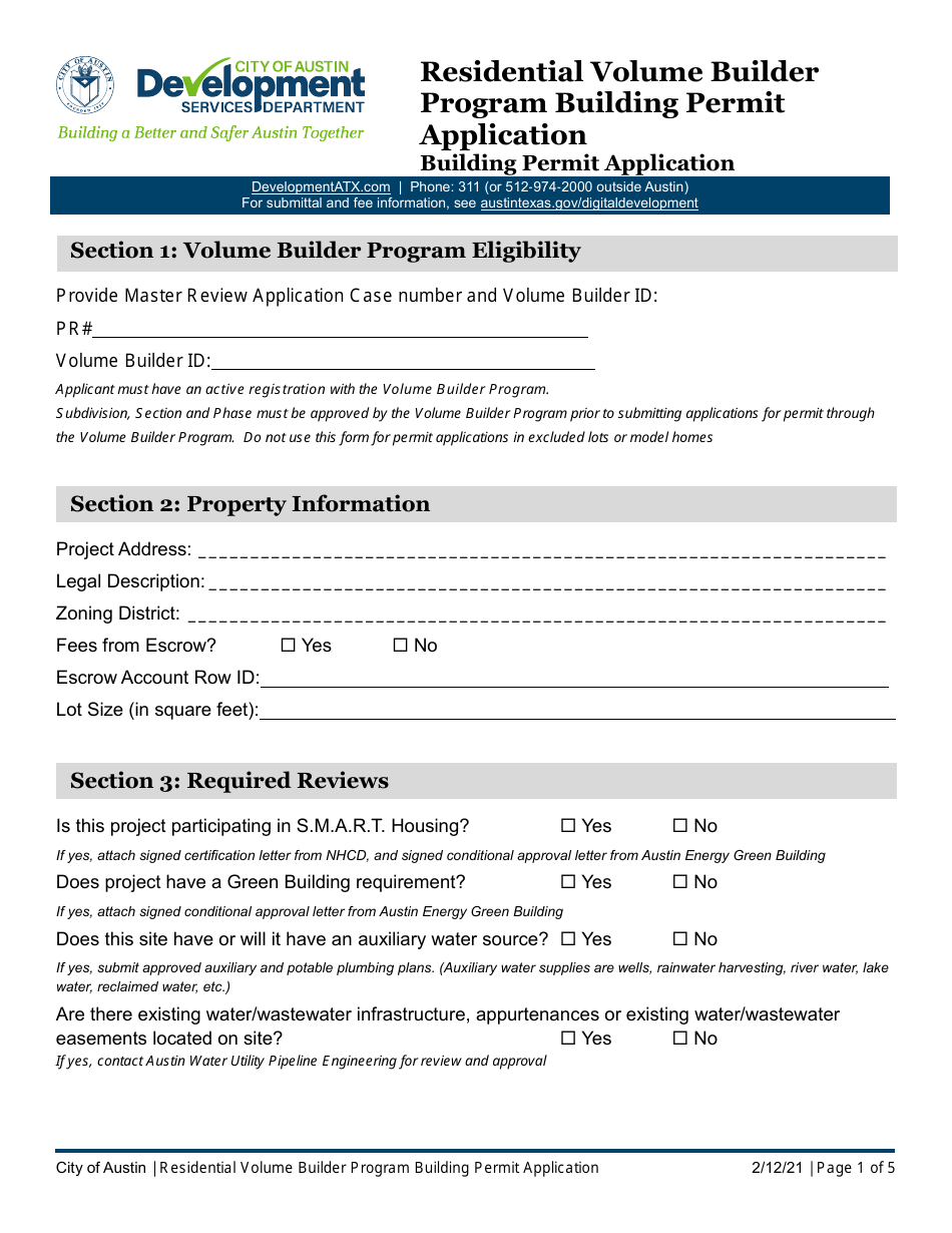 Building Permit Application - Residential Volume Builder Program - City of Austin, Texas, Page 1