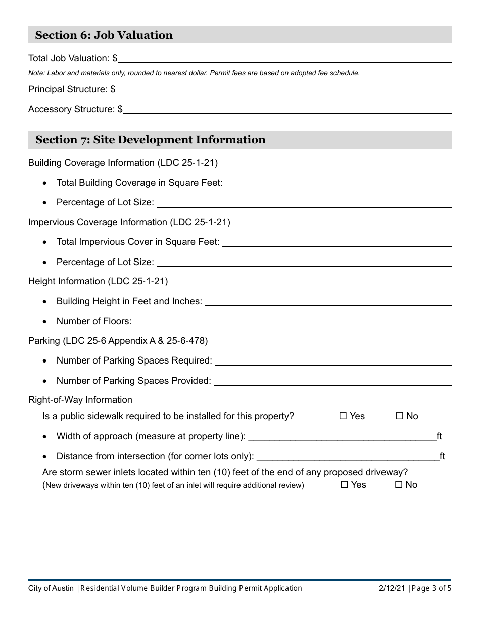 City Of Austin, Texas Building Permit Application - Residential Volume ...