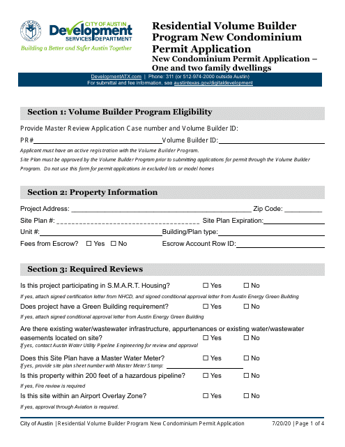 New Condominium Permit Application - One and Two Family Dwellings - Residential Volume Builder Program - City of Austin, Texas Download Pdf
