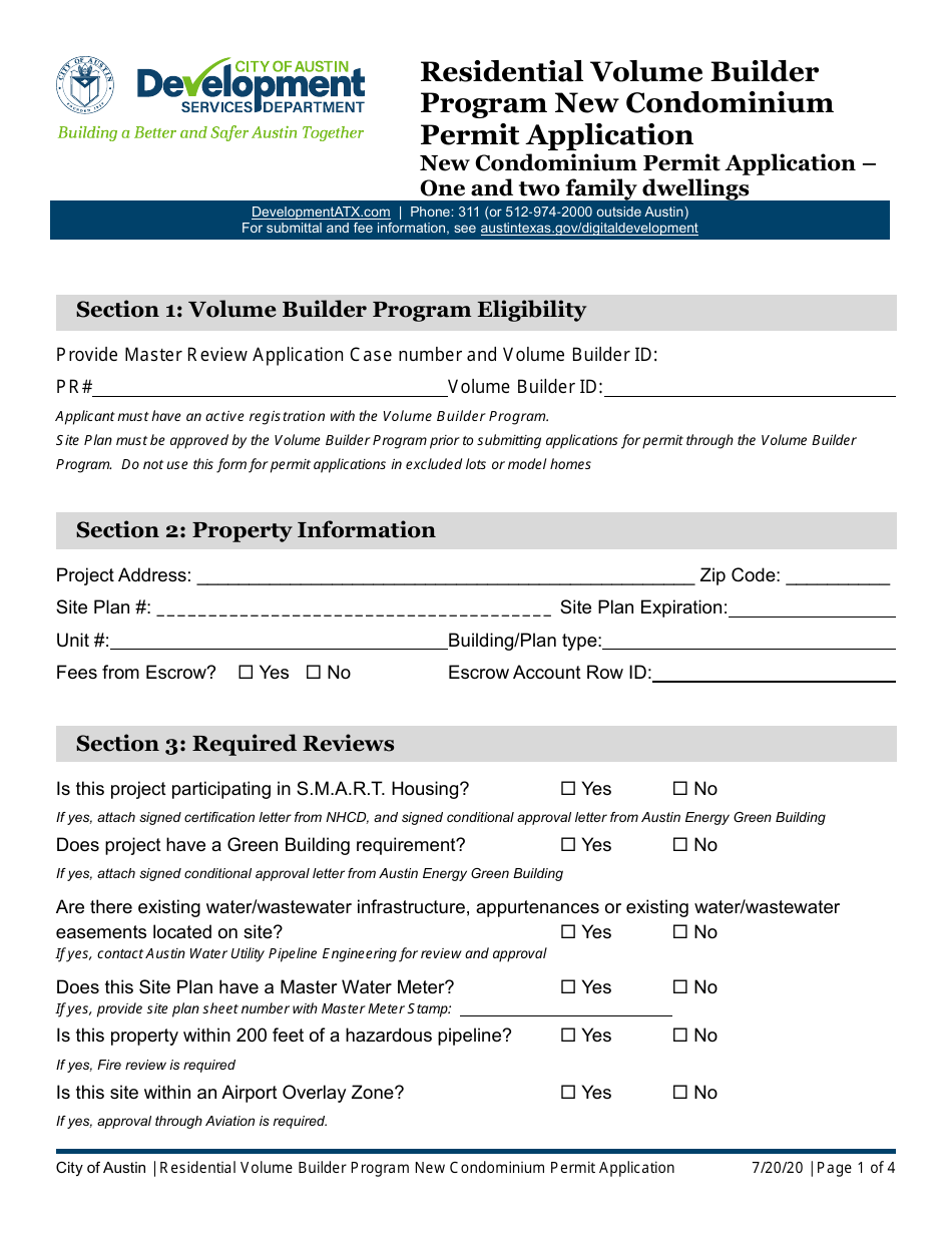 City of Austin, Texas New Condominium Permit Application One and Two