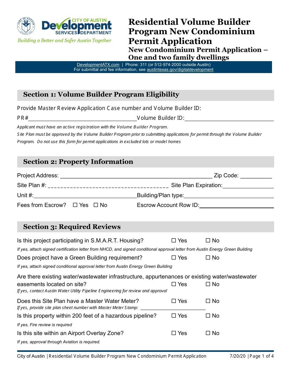 New Condominium Permit Application - One and Two Family Dwellings - Residential Volume Builder Program - City of Austin, Texas, Page 1