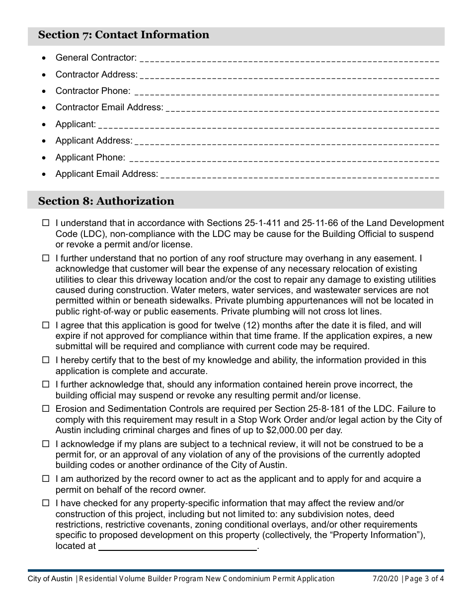 New Condominium Permit Application - One and Two Family Dwellings - Residential Volume Builder Program - City of Austin, Texas, Page 3