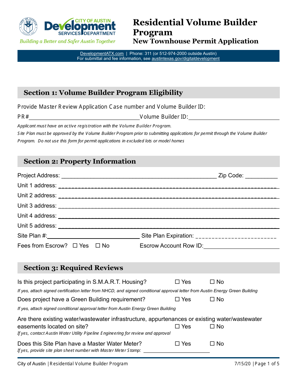 New Townhouse Permit Application - Residential Volume Builder Program - City of Austin, Texas, Page 1
