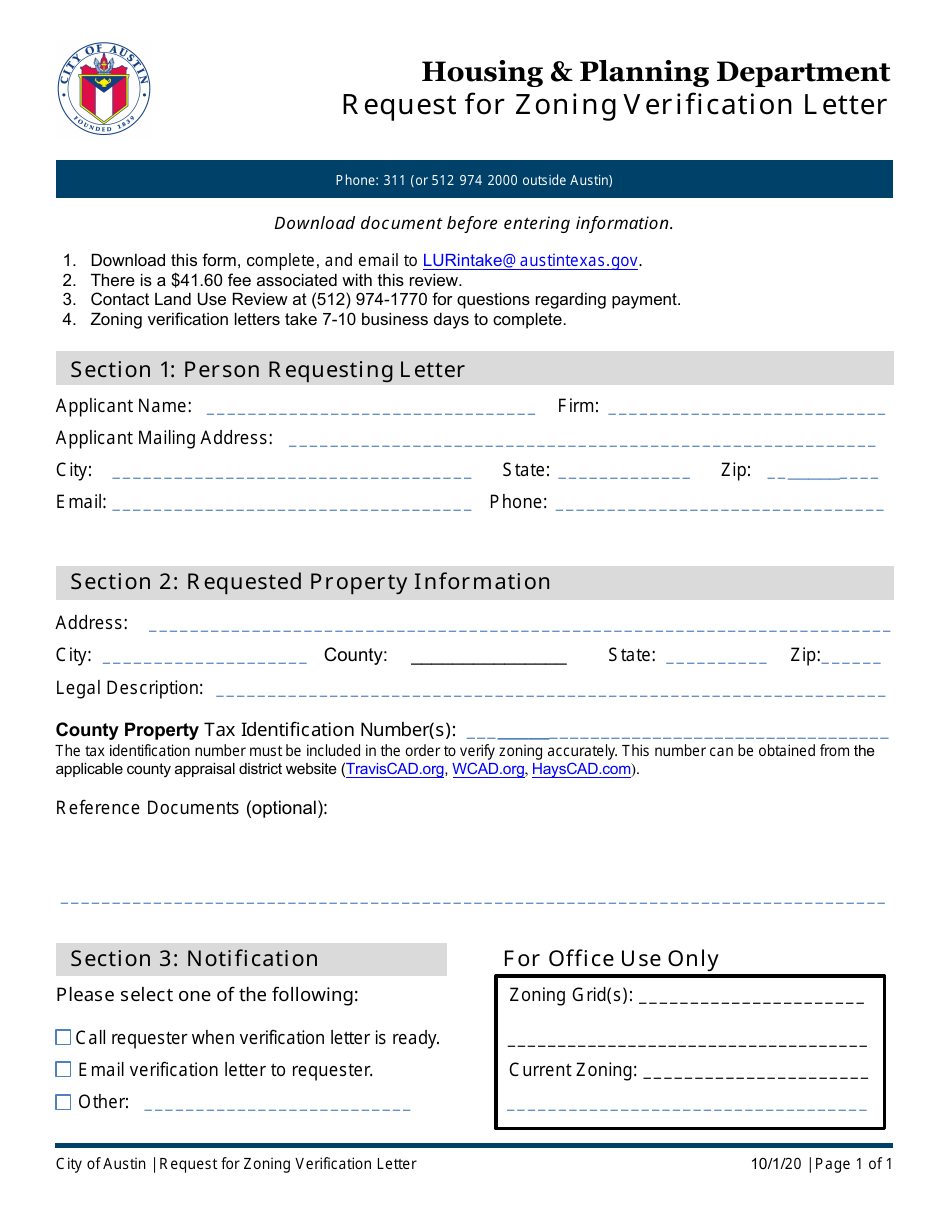 City of Austin, Texas Request for Zoning Verification Letter Download