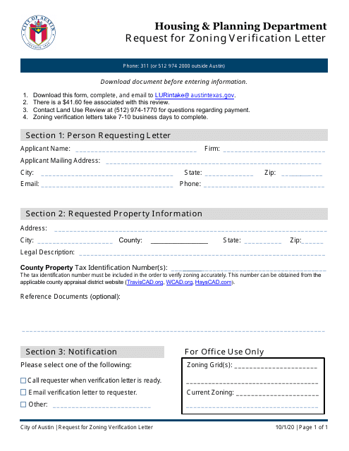 City of Austin, Texas Request for Zoning Verification Letter Download