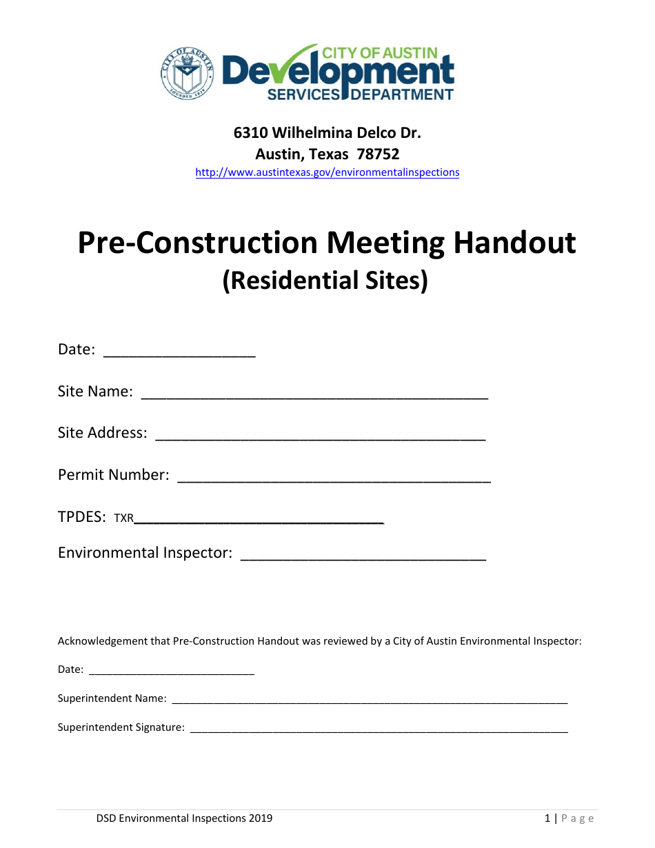 Pre-construction Meeting Handout (Residential Sites) - City of Austin, Texas, Page 1