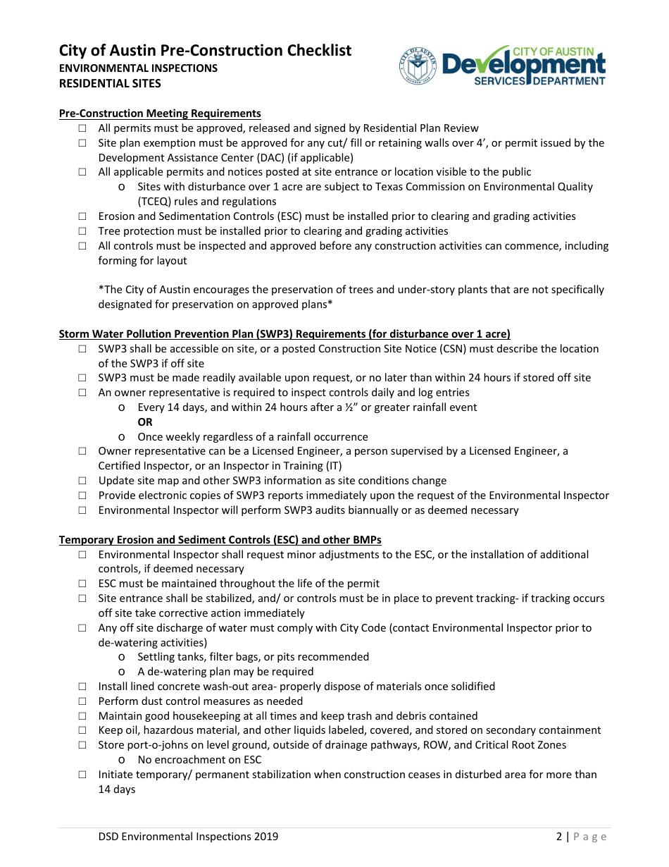 Pre-construction Meeting Handout (Residential Sites) - City of Austin, Texas, Page 2