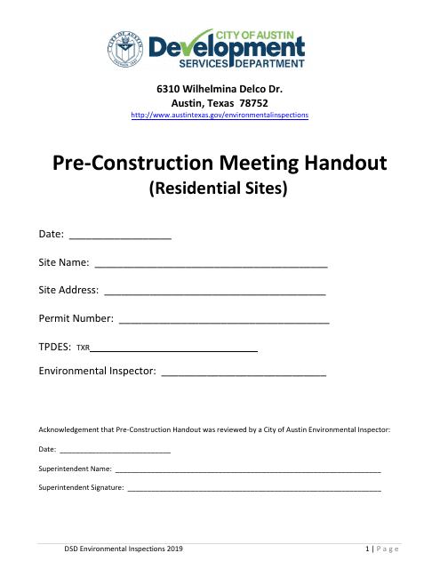 Pre-construction Meeting Handout (Residential Sites) - City of Austin, Texas Download Pdf