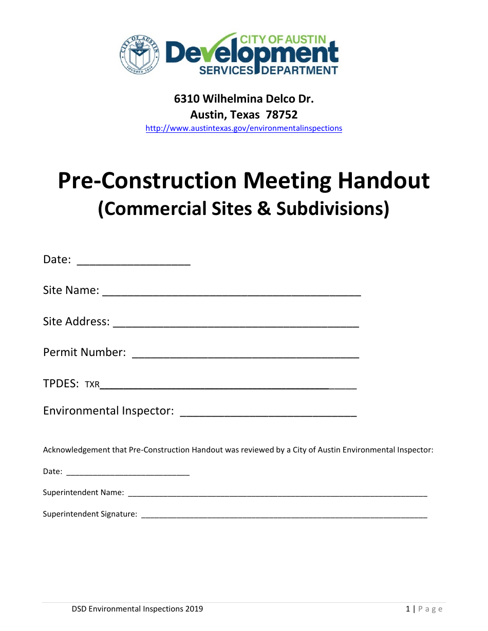 Pre-construction Meeting Handout (Commercial Sites  Subdivisions) - City of Austin, Texas, Page 1