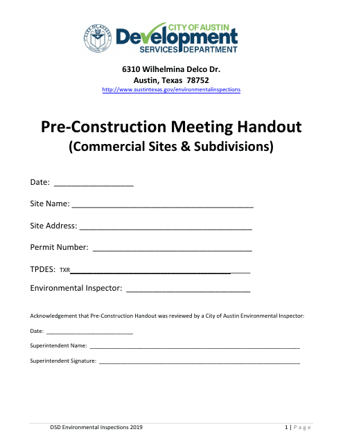 Pre-construction Meeting Handout (Commercial Sites & Subdivisions) - City of Austin, Texas