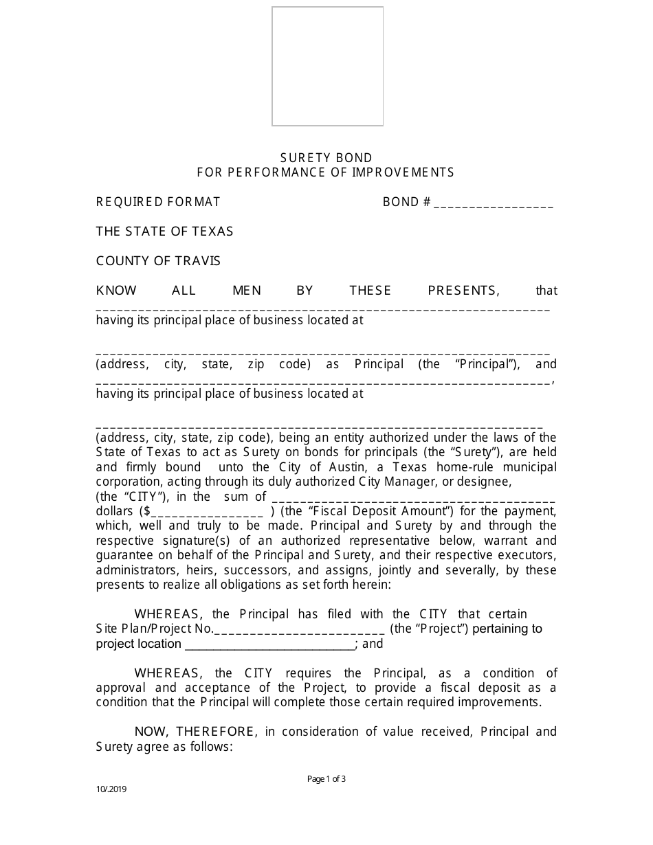 Surety Bond for Performance of Improvements - City of Austin, Texas, Page 1