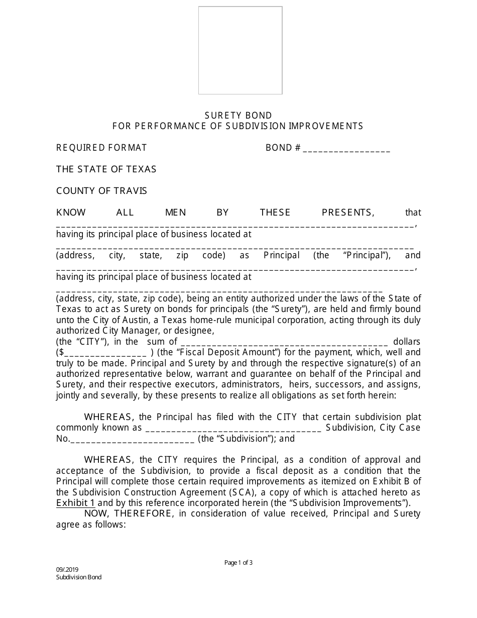 Surety Bond for Performance of Subdivision Improvements - City of Austin, Texas, Page 1