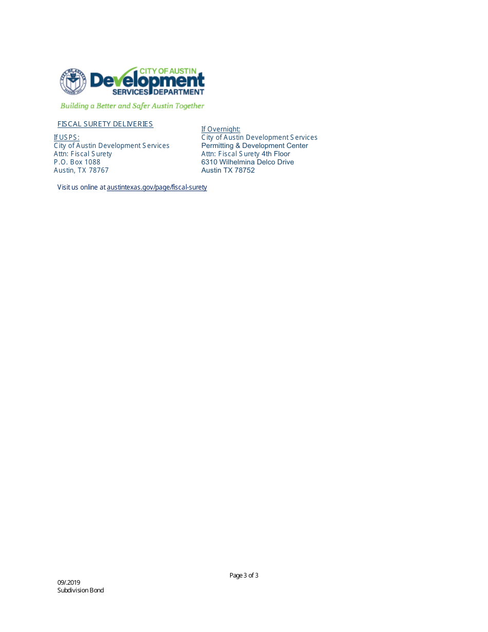 Surety Bond for Performance of Subdivision Improvements - City of Austin, Texas, Page 3