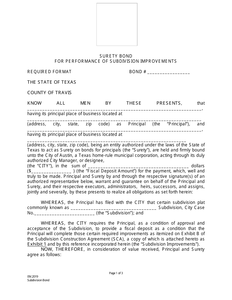 City of Austin, Texas Surety Bond for Performance of Subdivision