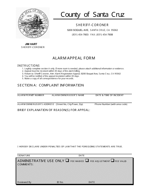 Alarm Appeal Form - Santa Cruz County, California Download Pdf