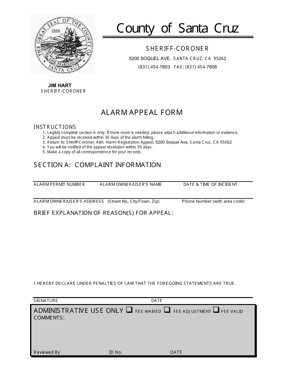 Alarm Appeal Form - Santa Cruz County, California, Page 1