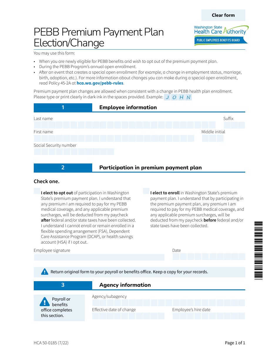 Form HCA50-0185 Pebb Premium Payment Plan Election / Change - Washington, Page 1
