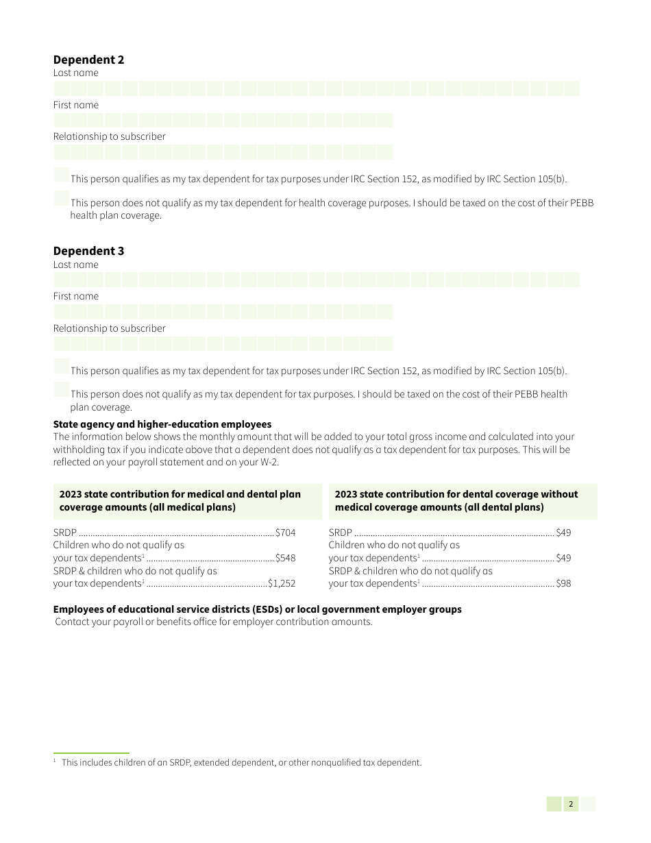 Form HCA50-0704 Pebb Declaration of Tax Status - Washington, Page 2