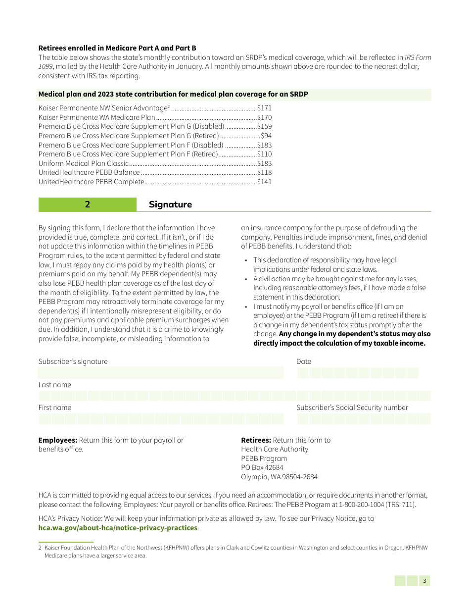 Form HCA50-0704 Pebb Declaration of Tax Status - Washington, Page 3