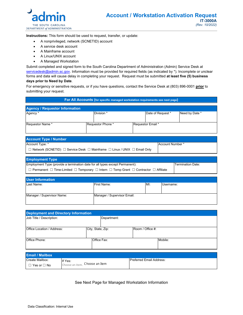 Form IT-3000A Account / Workstation Activation Request - South Carolina, Page 1