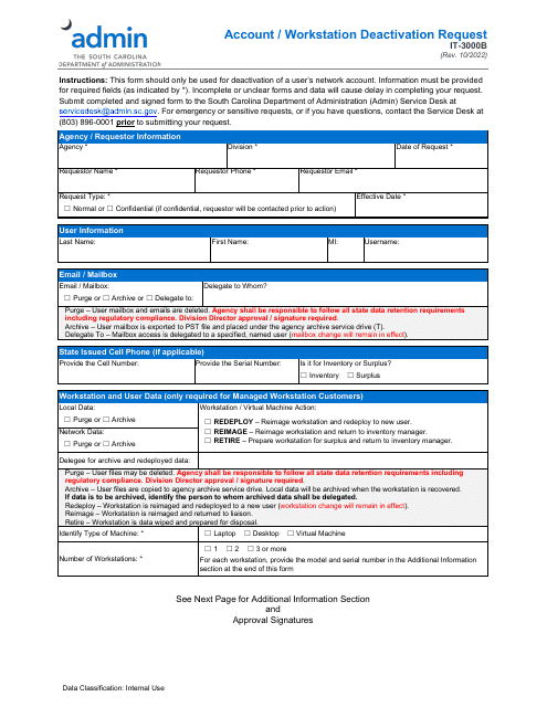 Form IT-3000B Account/Workstation Deactivation Request - South Carolina