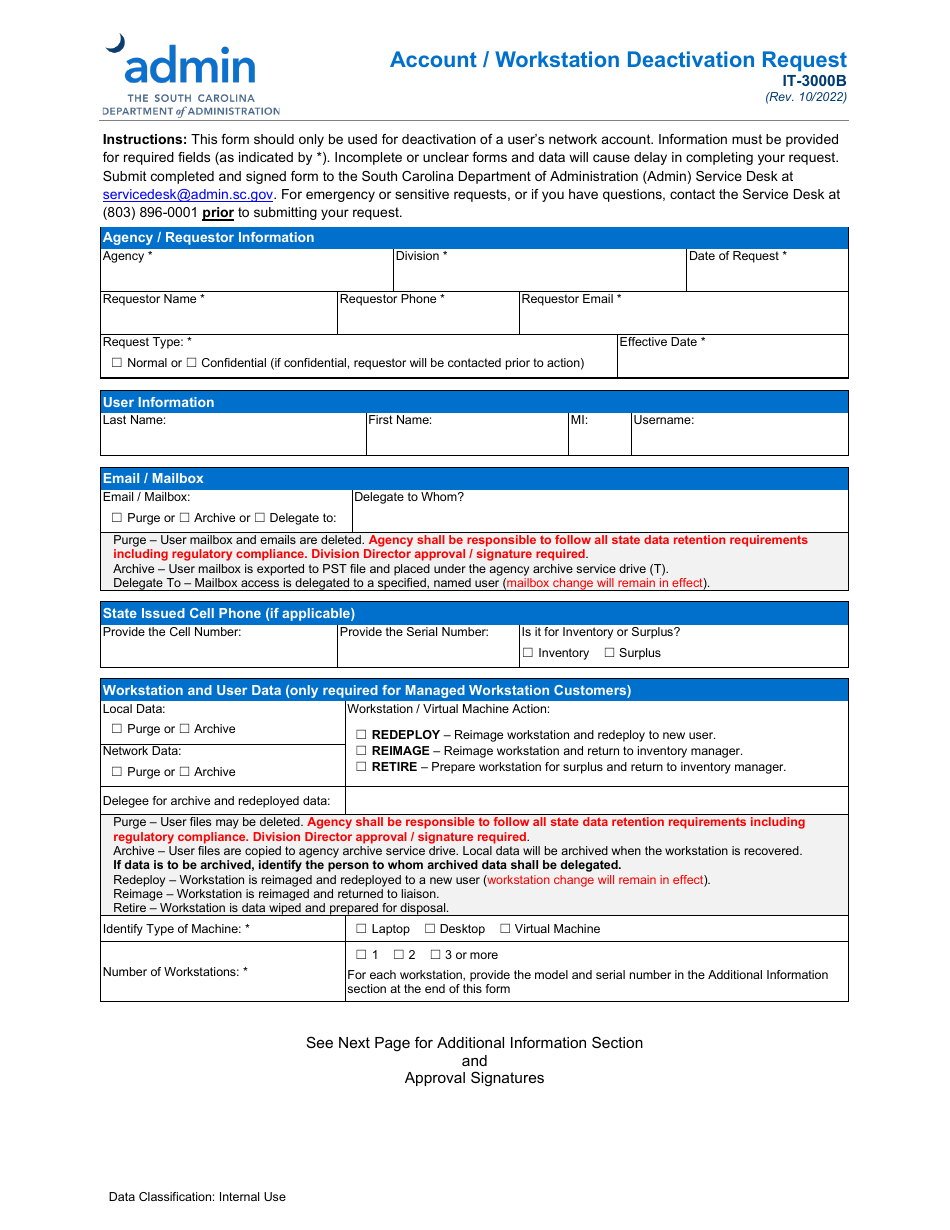 Form IT-3000B Account / Workstation Deactivation Request - South Carolina, Page 1