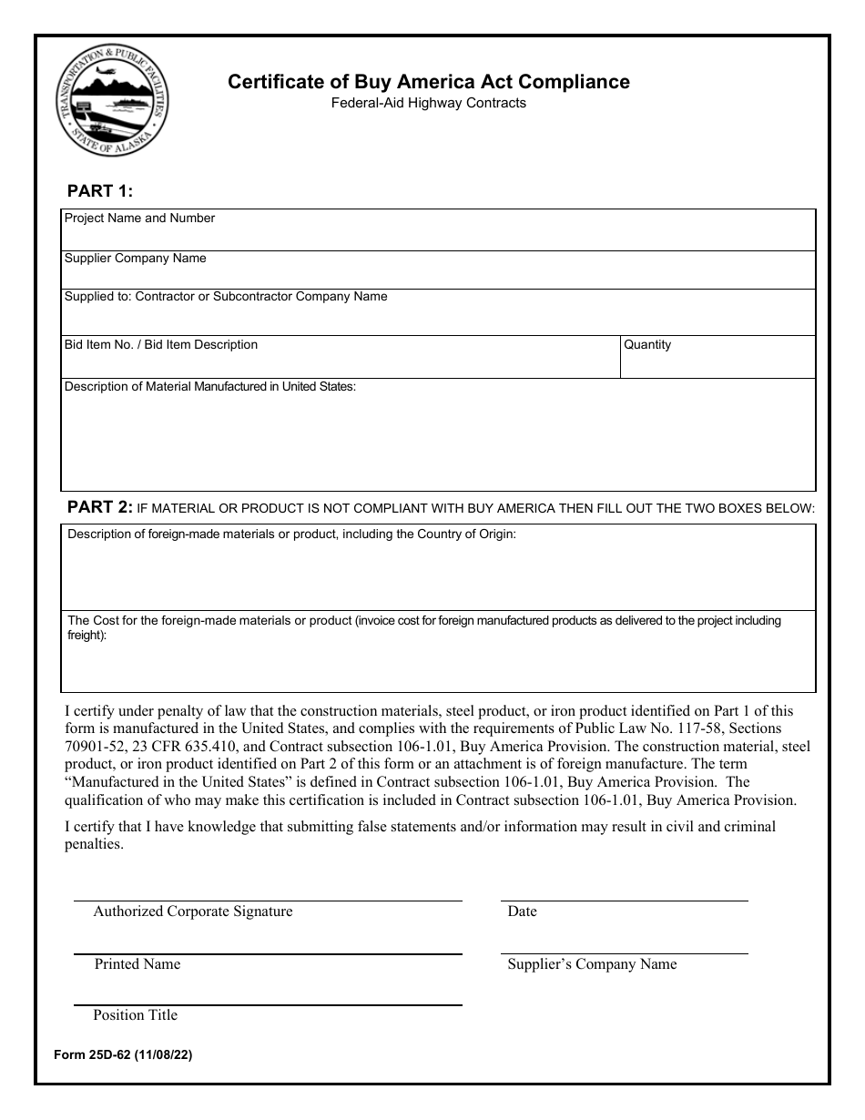 Form 25D-62 Certificate of Buy America Act Compliance - Alaska, Page 1