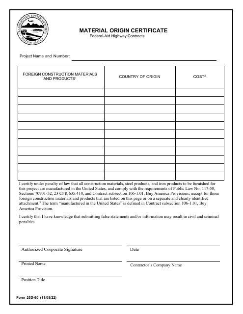 Form 25D-60 Material Origin Certificate - Alaska