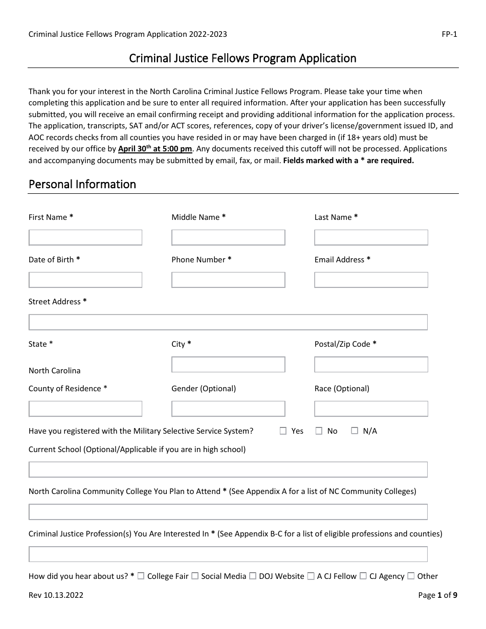 Form FP-1 Criminal Justice Fellows Program Application - North Carolina, Page 1