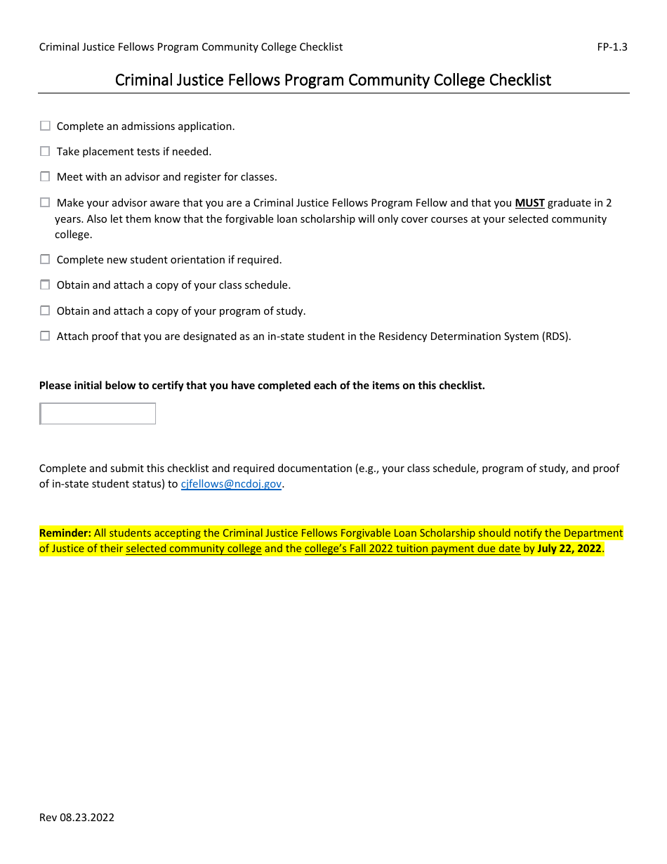 Form FP-1.3 Community College Checklist - Criminal Justice Fellows Program - North Carolina, Page 1