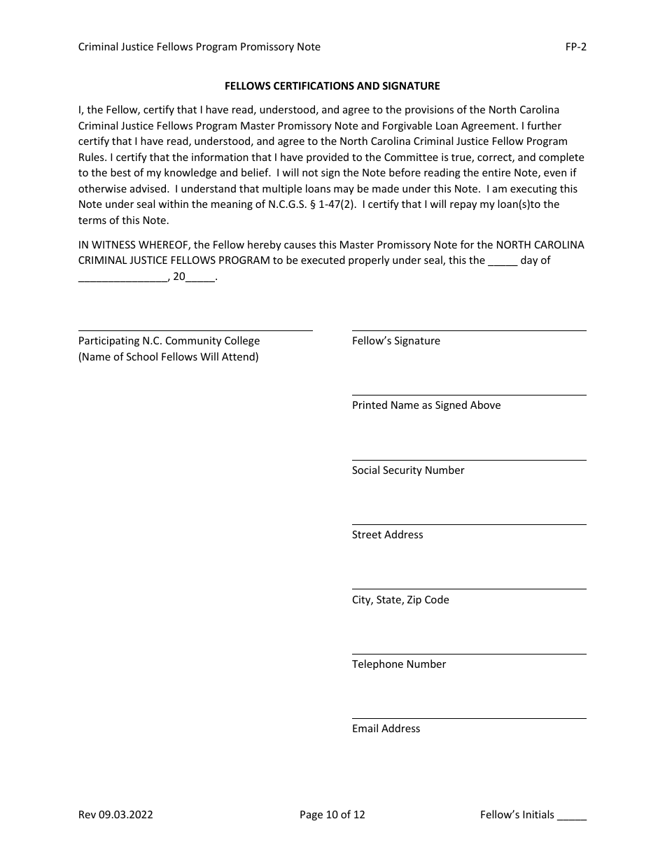 Form FP-2 Promissory Note - Criminal Justice Fellows Program - North Carolina, Page 10