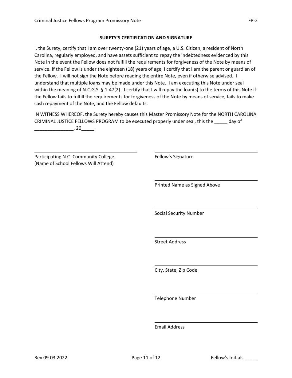 Form FP-2 Promissory Note - Criminal Justice Fellows Program - North Carolina, Page 11