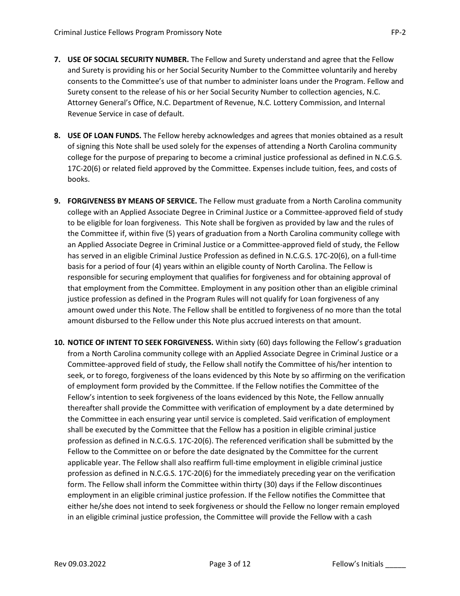 Form FP-2 Promissory Note - Criminal Justice Fellows Program - North Carolina, Page 3