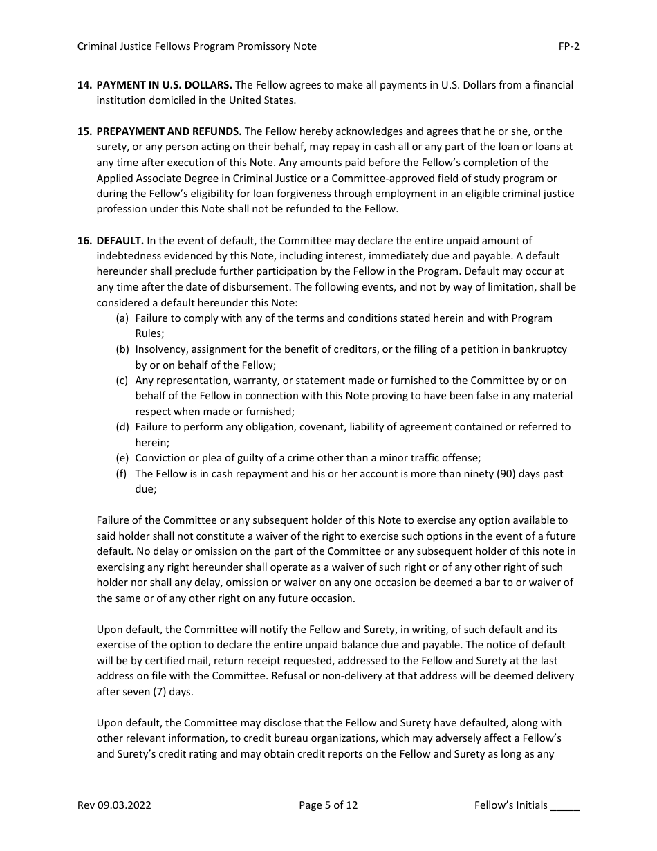 Form FP-2 Promissory Note - Criminal Justice Fellows Program - North Carolina, Page 5