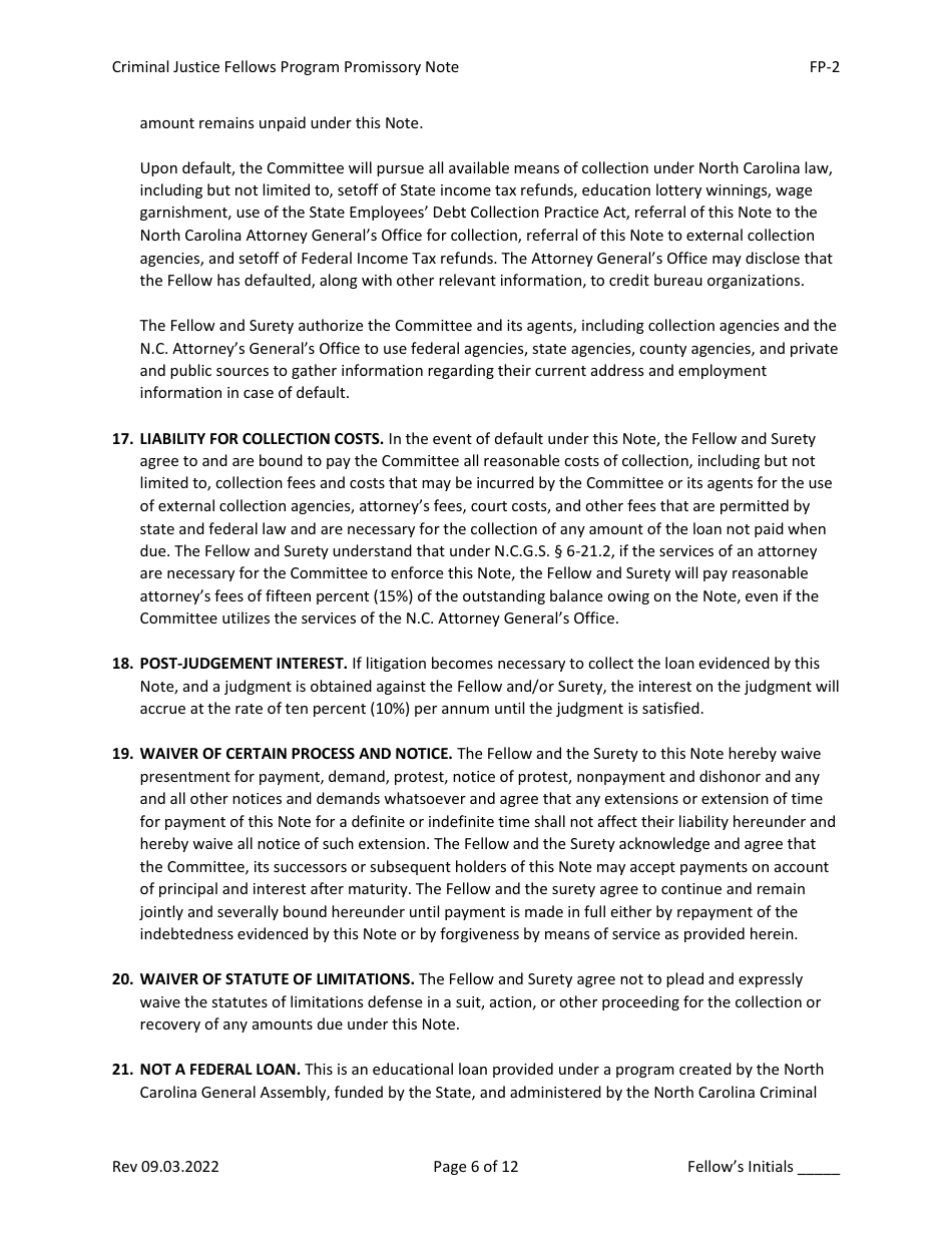 Form FP-2 Promissory Note - Criminal Justice Fellows Program - North Carolina, Page 6