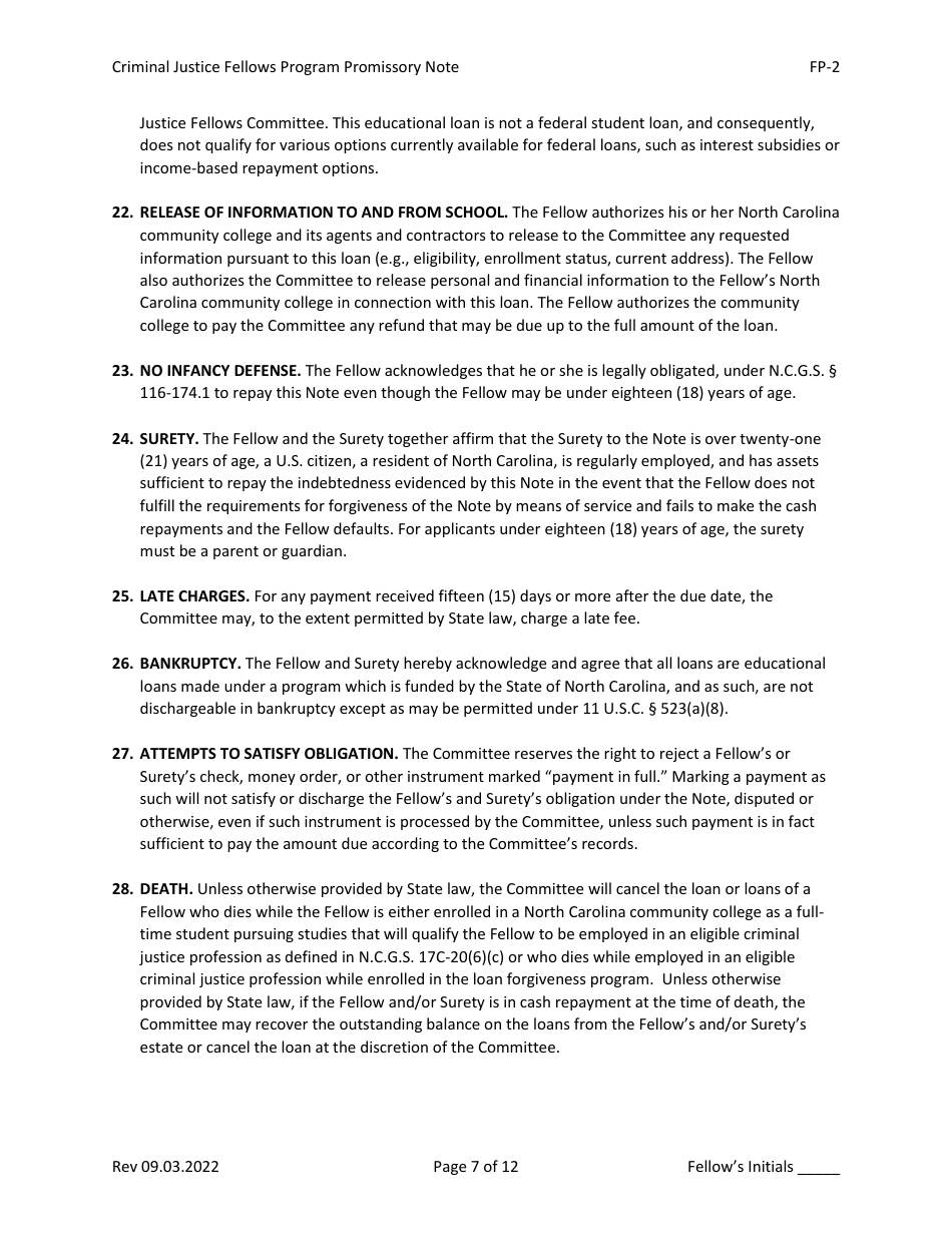 Form FP-2 Promissory Note - Criminal Justice Fellows Program - North Carolina, Page 7