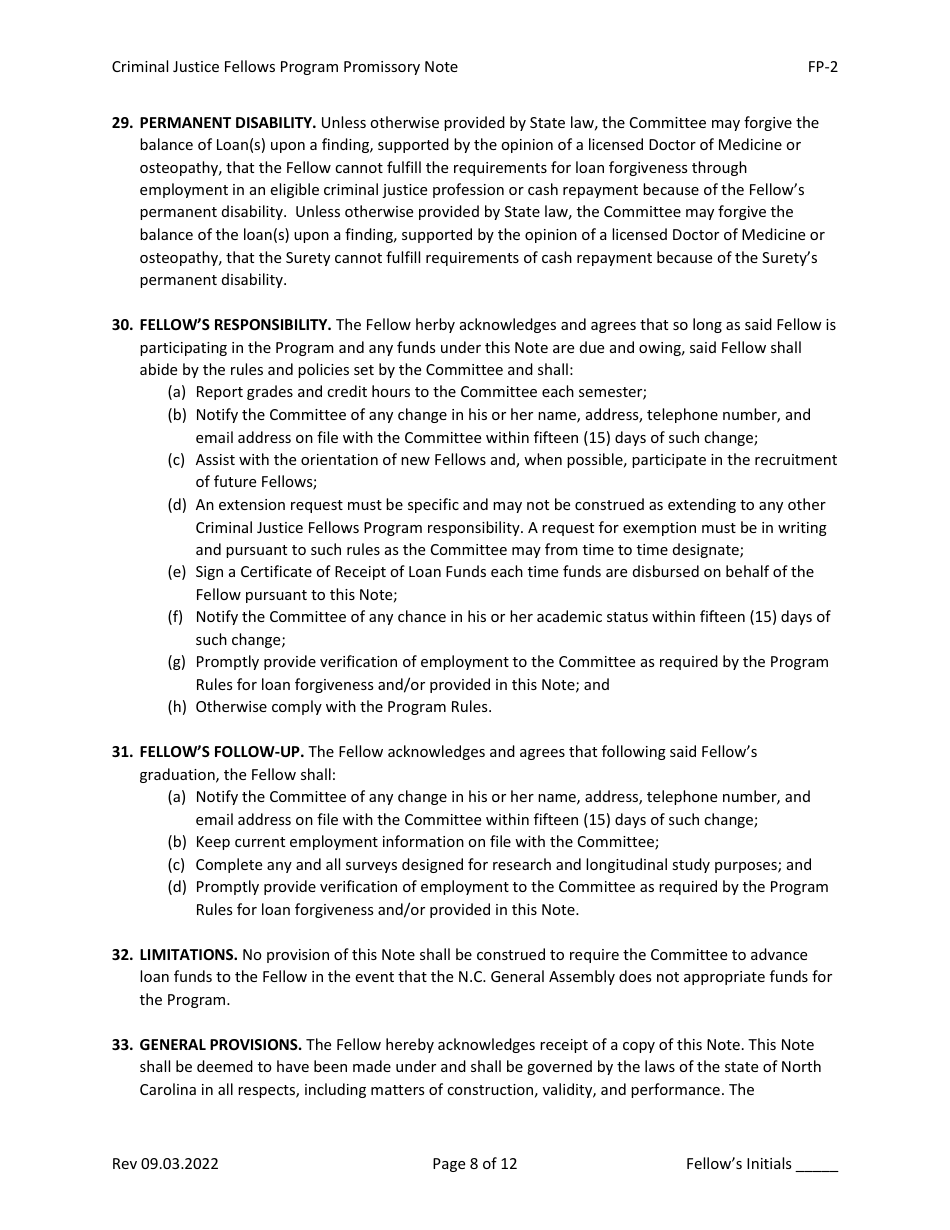 Form FP-2 Promissory Note - Criminal Justice Fellows Program - North Carolina, Page 8