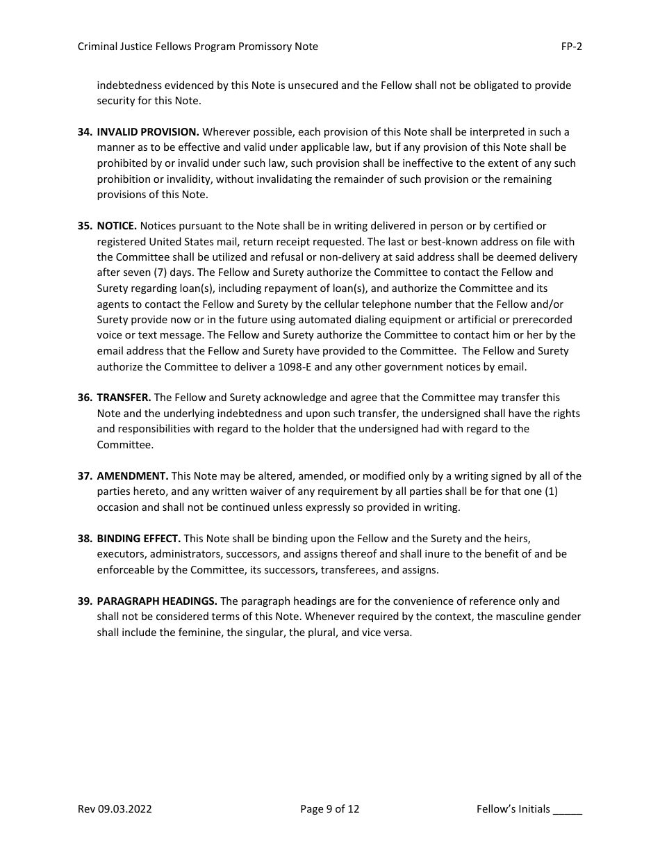Form FP-2 Promissory Note - Criminal Justice Fellows Program - North Carolina, Page 9