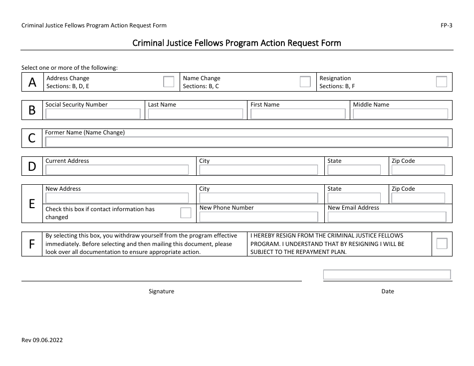 Form FP-3 Action Request Form - Criminal Justice Fellows Program - North Carolina, Page 1
